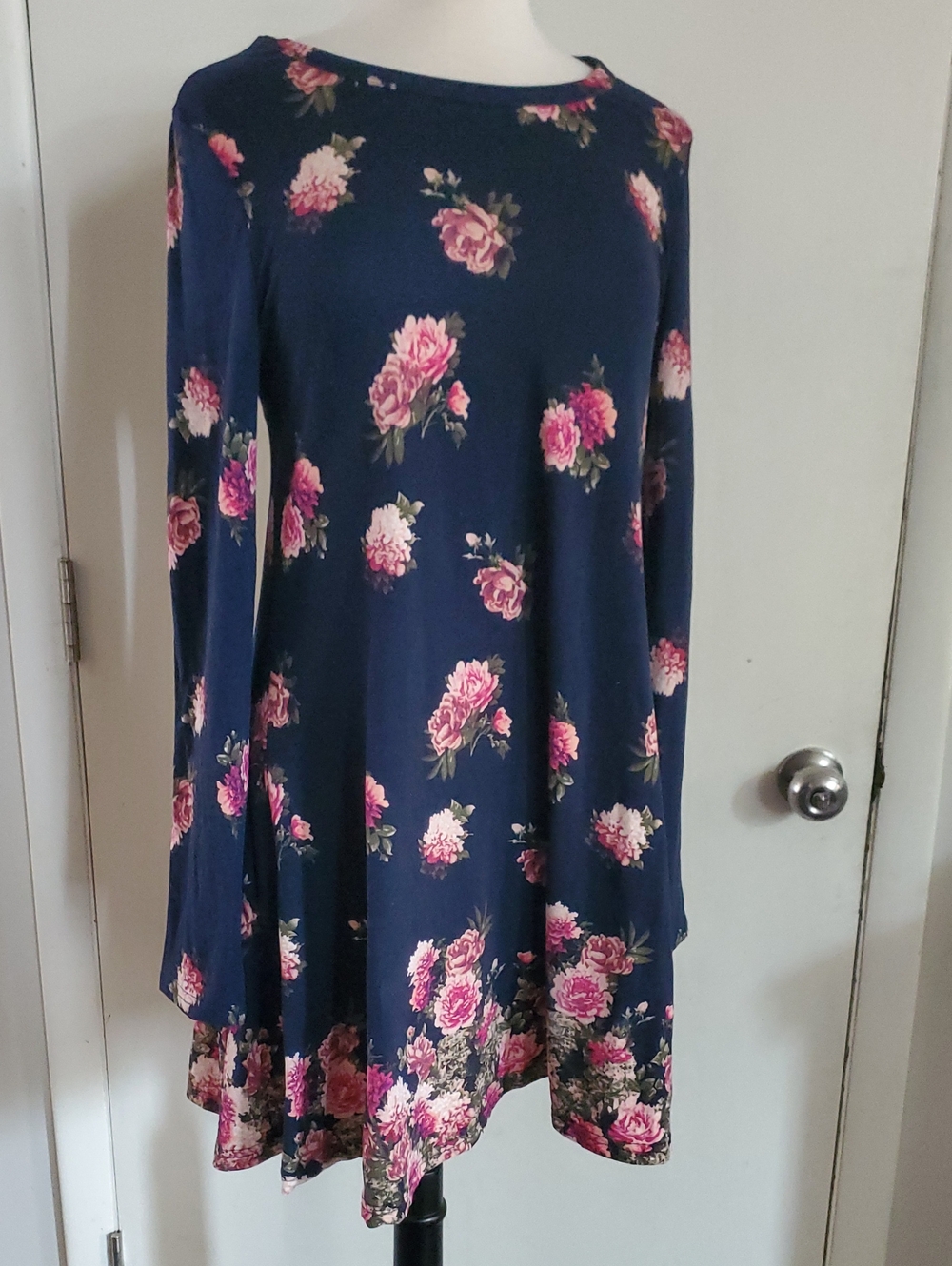 Navy Floral Long Sleeve Swing Dress - Pink Rose Print